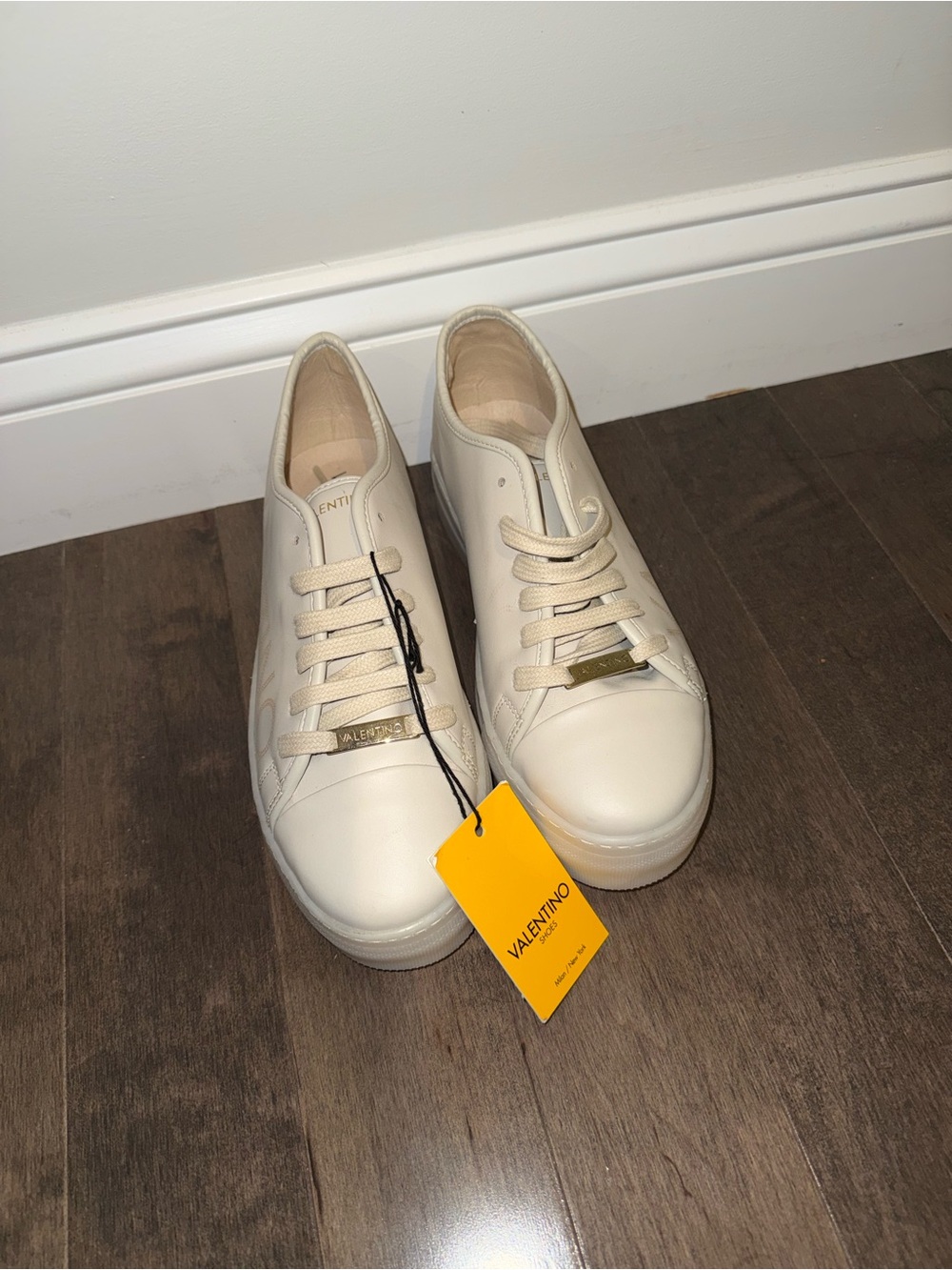 Valentino Cream Leather Platform Lace-Up Sneakers with Gold Hardware